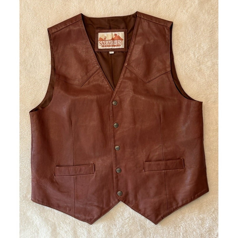 VTG Saguaro West Trading Co Leather Snap Front Vest Brown Men's Sze L Western